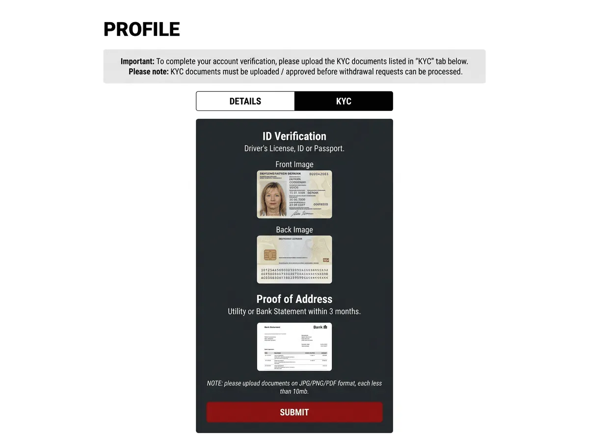 Orbit Exchange Bet-Football KYC profile page - upload ID verification and proof of address documents for OrbitX account