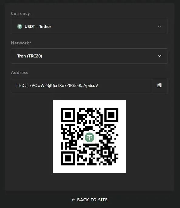 BFB247-96EX-Krypto-Einzahlungsbildschirm mit der Währung USDT, dem Netzwerk Tron (TRC20), der Wallet-Adresse und dem QR-Code