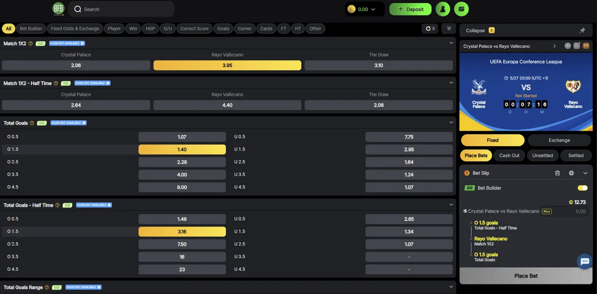 Birden fazla birleşik piyasa gösteren Sportsbook BFB247 bahis oluşturucu ekranı