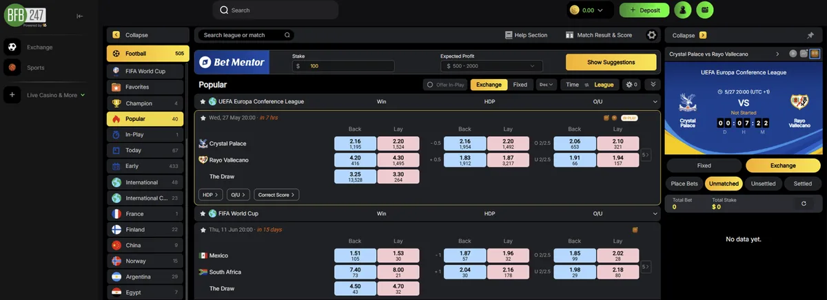 Back ve Lay fiyatlarını gösteren Sportsbook BFB247 Exchange Odds ekranı