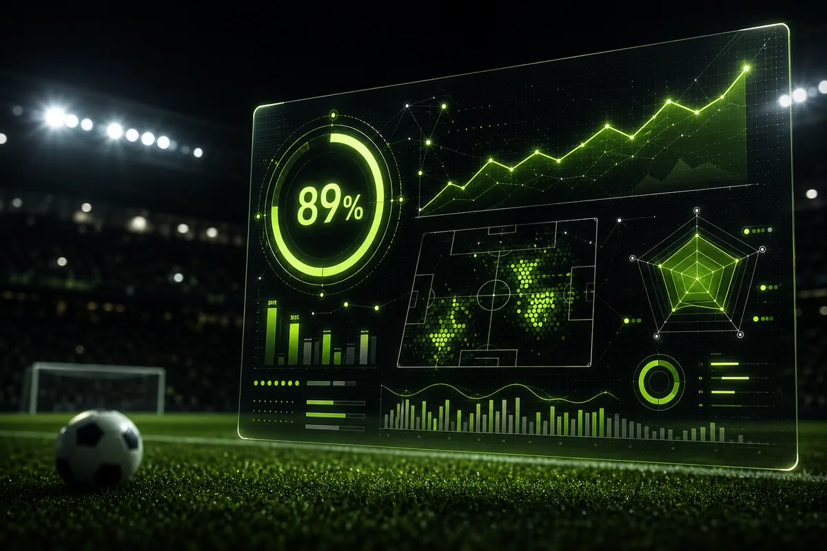 Football pitch with a glowing AI dashboard showing prediction confidence and match-data charts for a FootballPredictAI accuracy review