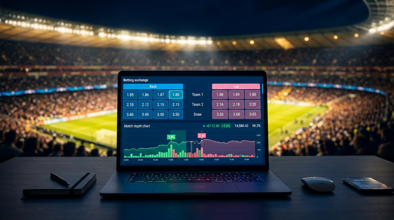 OrbitX Betting Exchange trading interface showing Back and Lay odds on a laptop with stadium lights in the background