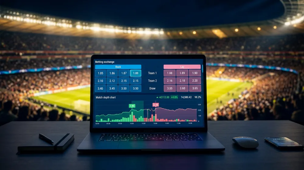 OrbitX Betting Exchange trading interface showing Back and Lay odds on a laptop with stadium lights in the background