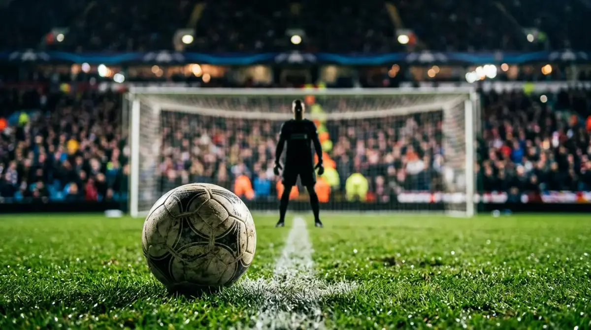 Football penalty spot on a professional pitch under stadium lights