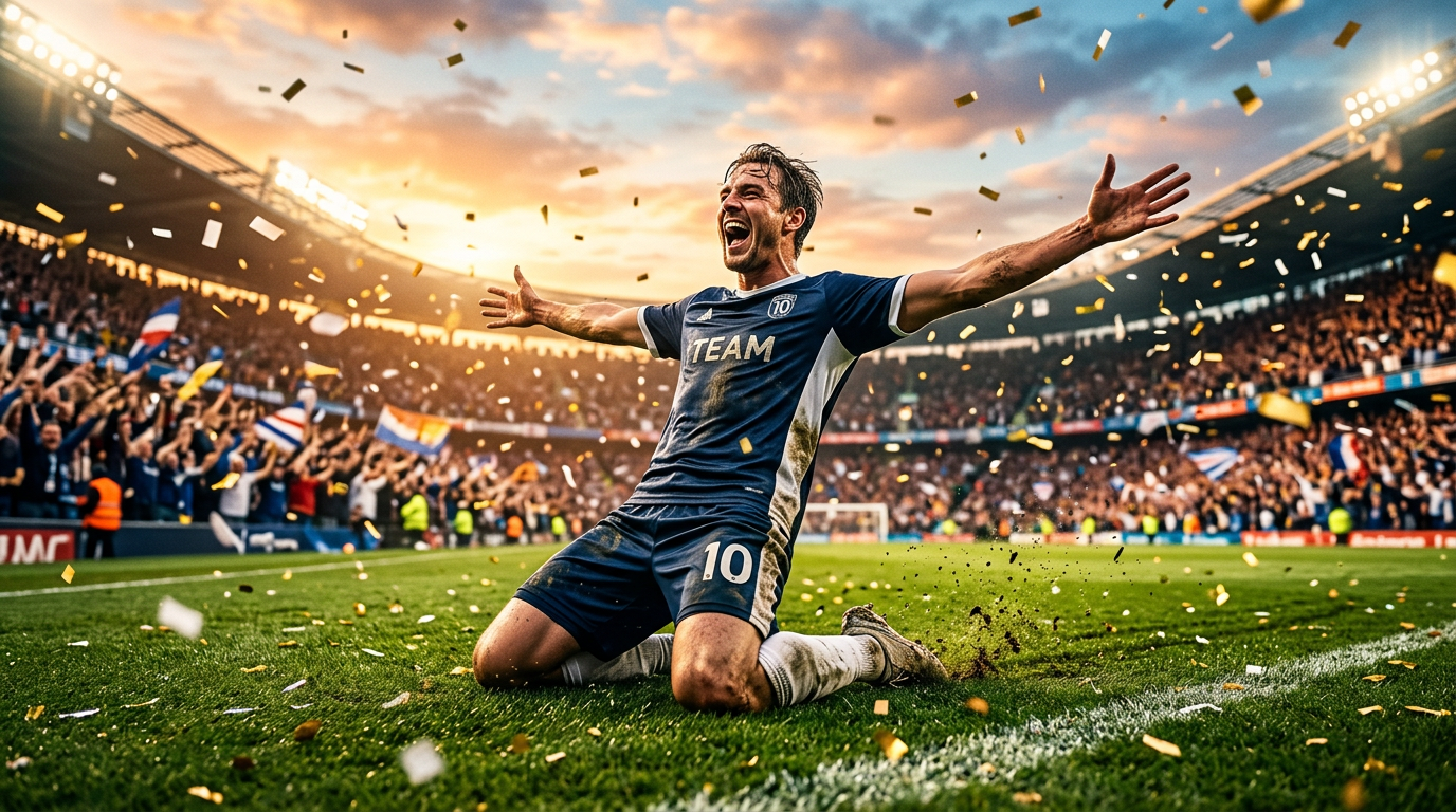 Football player celebrating a goal by sliding on his knees in a packed stadium
