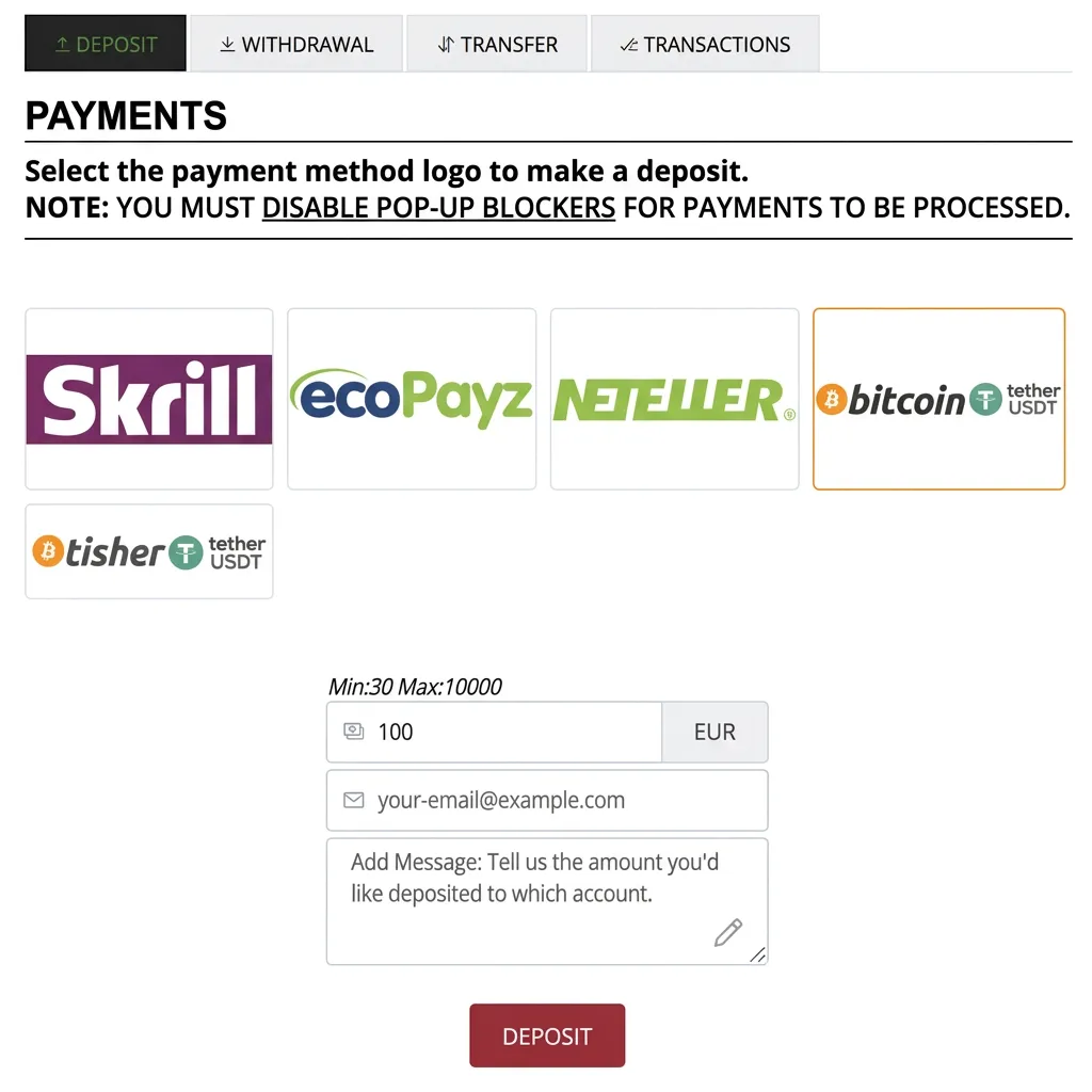 Bet-Football payments page - deposit with Skrill ecoPayz Neteller Bitcoin for Orbit Exchange