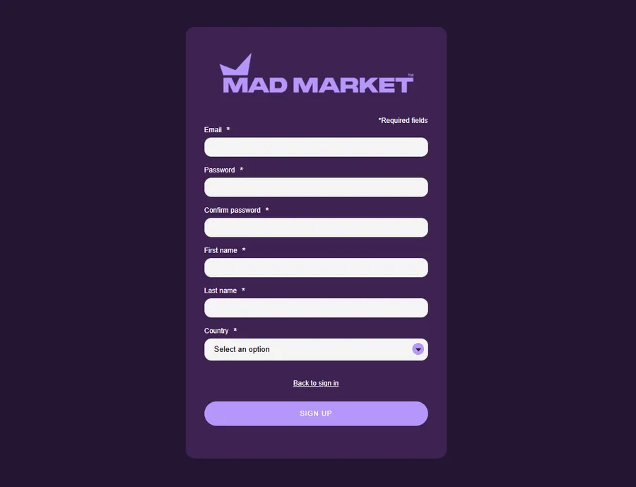 Sharp Exchange sign-up form