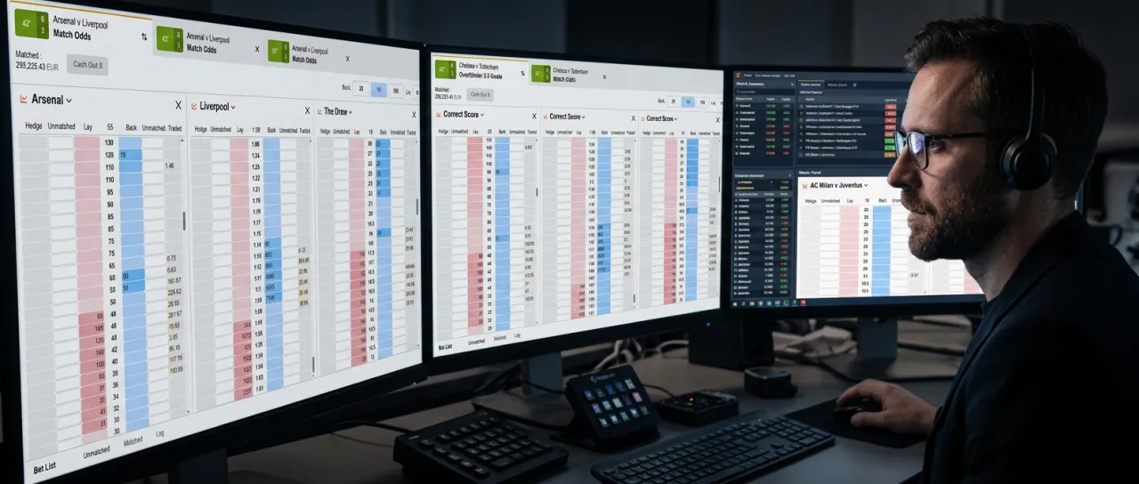Professional sports trader using Orbit Exchange ladder trading software on multiple monitors