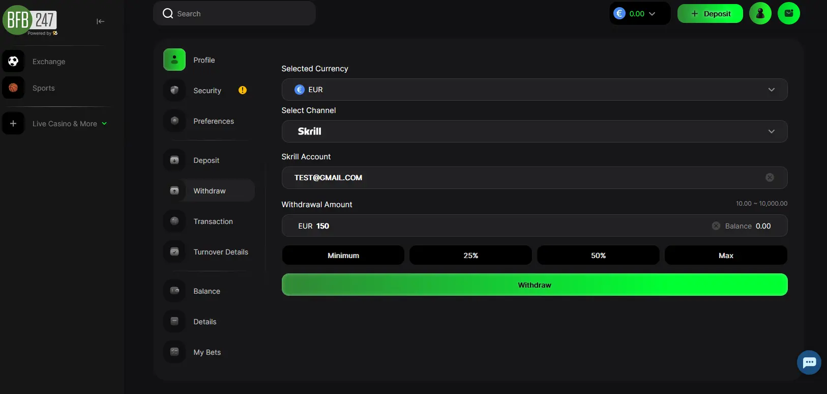 BFB247-96EX Orbit Exchange withdrawal interface showing Skrill channel selection, withdrawal amount in EUR and green Withdraw button